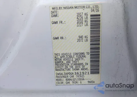 2016 Nissan Altima 2.5/2.5 S/2.5 Sl/2.5 Sr/2.5 Sv z USA, uszkodzony, nr VIN 1N4AL3AP0GN361921